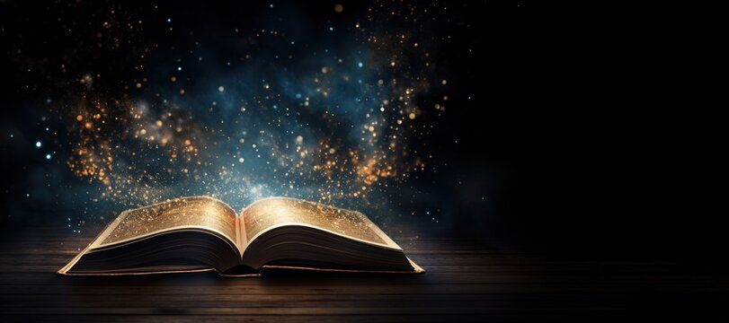 Open magic book with growing lights, magic powder, butterflies