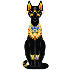 Cat Bastet Ancient Egyptian Deity Sacred Figure Silhouette with Decorative Jewels Vector Illustration isolated on white.