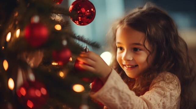Weihnachtliche Vorfreude: Ein M&auml;dchen schm&uuml;ckt den Christbaum