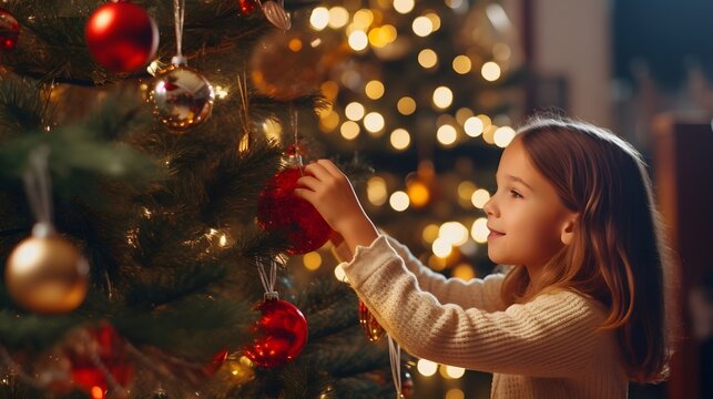 Weihnachtliche Vorfreude: Ein M&auml;dchen schm&uuml;ckt den Christbaum