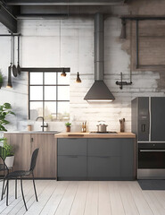 Wall mockup in loft, kitchen in industrial style ,3d render