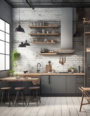 Wall mockup in loft, kitchen in industrial style ,3d render