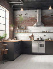 Wall mockup in loft, kitchen in industrial style ,3d render