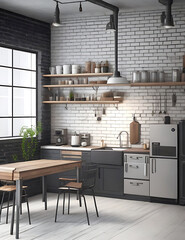 Wall mockup in loft, kitchen in industrial style ,3d render
