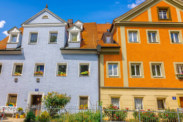 Colorful houses in old streets of Regensburg, eastern Bavaria, Germany. High quality photo