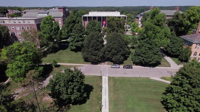 Granville, Ohio  United States - August 31 2023: Drone and aerial establishing shot and view of liberal arts college campus of Denison University east of Columbus, OH during sunny day