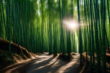 Pathway through a serene bamboo forest, with sunlight filtering through the leaves - AI Generative