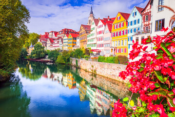 Tubingen, Germany. Colorful old town on the river Neckar, Bavaria land. - obrazy, fototapety, plakaty