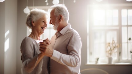 Happy senior couple dancing romantically on blurred home background with copy space.