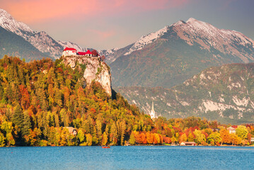 Bled, Slovenia -  Julian Alps and Church Santa Maria, beautiful sunset.