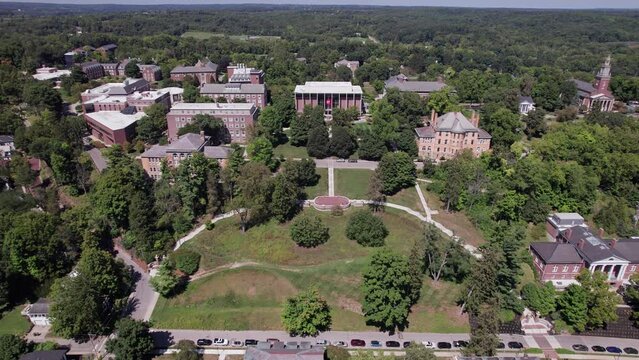 Granville, Ohio  United States - August 31 2023: Drone and aerial establishing shot and view of liberal arts college campus of Denison University east of Columbus, OH during sunny day