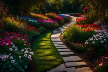 Obraz premium Pathway winding through a vibrant flower garden - AI Generative