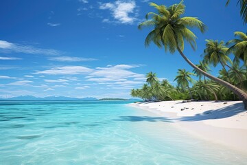 Paradise beach of a tropical island, palm trees, white sand, azure water. Palm tree leaning over water Maldives. Beautiful beach at Maldives. Beach with coconut palm trees and clear lagoon 