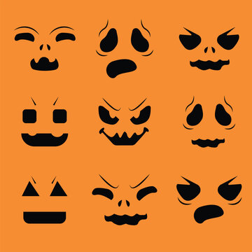 Halloween face icon set. Spooky pumpkin faces silhouettes ghost. Design for the holiday Halloween.