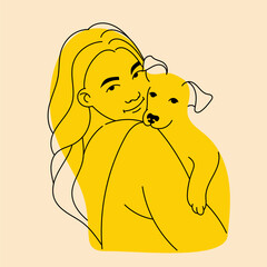Girl with dog, puppy. Avatar, badge, poster, logo templates, print. Vector illustration in doodle flat cartoon style