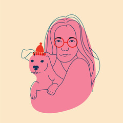 Girl with dog. Avatar, badge, poster, logo templates, print. Vector illustration in doodle style with Riso print effect