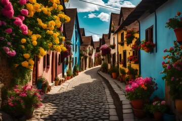 Quaint village road adorned with colorful houses and blooming flowers - AI Generative