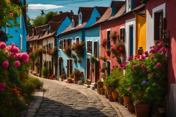 Fototapeta na wymiar Quaint village road adorned with colorful houses and blooming flowers - AI Generative