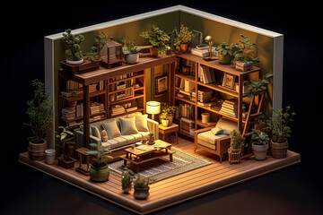 Fototapeta premium Generative AI illustration of charming bookstore with Showa aesthetics with chairs and tables