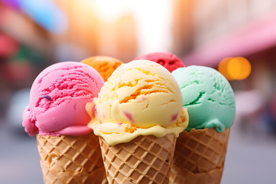colse up colorful ice cream on blurred background