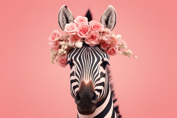 Naklejka premium Zebra with flowers on head and strong pink pastel background.