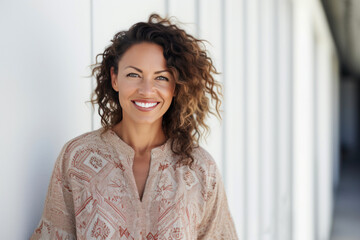 Middle age woman with curly hair standing beside an outdoor wall. - obrazy, fototapety, plakaty