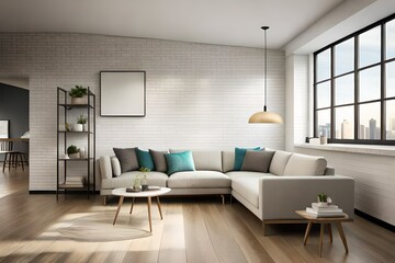 modern and beautiful  living room with clasy sofa set and  picture frame with fireplace  generated by AI