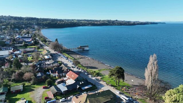 Famous Pier At Frutillar In Los Lagos Chile. Harbor Landscape. Nature Bay Water. Los Lagos Chile. Llanquihue Lake. Famous Pier At Frutillar In Los Lagos Chile.