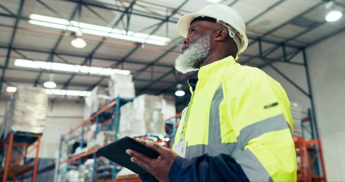 Industry man, tablet and warehouse inspection, logistics or stock inventory, e commerce and supply chain management. Supervisor or manager scroll on digital technology for boxes, package and shipping