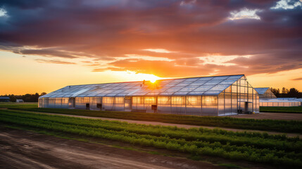Beautiful modern farm with a greenhouses, sunset. Glass large greenhouse for gardening. 