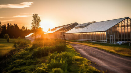 Beautiful modern farm with a greenhouses, sunset. Glass large greenhouse for gardening. 