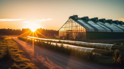 Beautiful modern farm with a greenhouses, sunset. Glass large greenhouse for gardening.  - obrazy, fototapety, plakaty