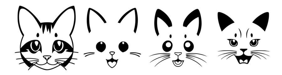 Set cats with different faces drawn in black and white ink on a white background, with a black outline of the cats heads, smooth and clean vector curves, vector art, furry art. Cartoon avatar.
