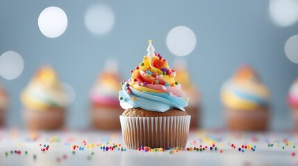 Dans une boulangerie, le cupcake est plus qu'un simple gâteau. C'est un dessert gourmand, un aliment phare des fêtes d'anniversaire. Chaque célébration mérite ces délices recouverts de crème. - obrazy, fototapety, plakaty