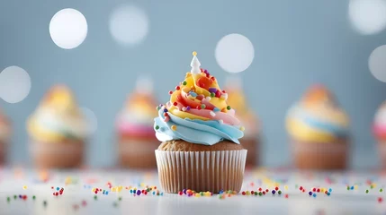 Fotobehang Dans une boulangerie, le cupcake est plus qu'un simple gâteau. C'est un dessert gourmand, un aliment phare des fêtes d'anniversaire. Chaque célébration mérite ces délices recouverts de crème. © Sébastien