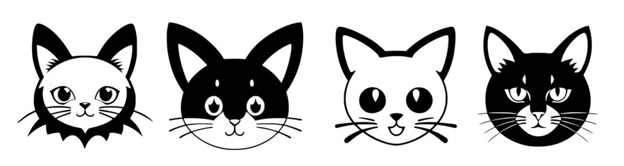 Set cats with different faces are shown in black and white, smooth and clean vector curves, vector art, international typographic style. Cartoon avatar. - Powered by Adobe
