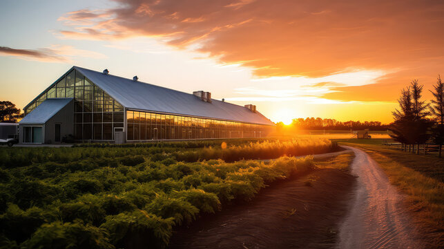 Beautiful modern farm with a greenhouses, sunset. Glass large greenhouse for gardening. 