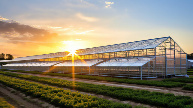 Beautiful modern farm with a greenhouses, sunset. Glass large greenhouse for gardening. 