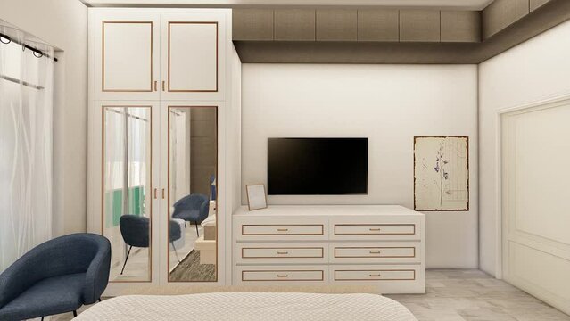 Contemporary bedroom interior design 3d rendering inslow motion