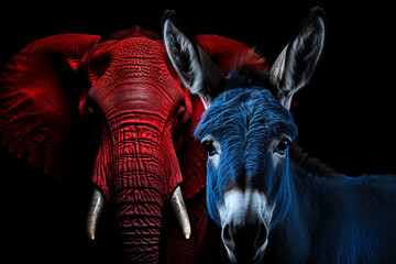 blue donkey and red elephant on a black background - democrats and republicans