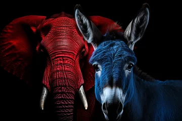 Fototapeten blue donkey and red elephant on a black background - democrats and republicans © World of AI