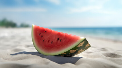 Ripe Watermelon Slice on a Tropical white sand Beach seashore. 