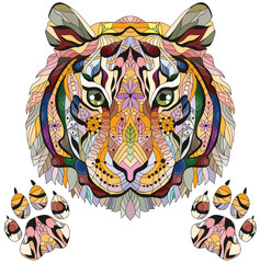 Zentangle tiger head with paws. Hand drawn decorative vector illustration