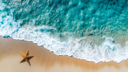 Fototapeta na wymiar Top view of ocean waves washing ashore on a sandy beach. Blue water. Aerial Drone photo.