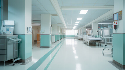 Naklejka na ściany i meble Empty hospital corridor. Medical interior. Turquoise walls in clinic