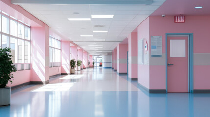 Empty hospital corridor. Medical interior. Pink walls in clinic