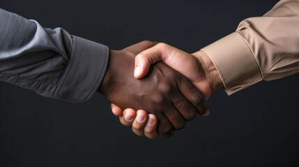 Handshake black and white hand. No racism caucasian human. Interracial concept on the black...
