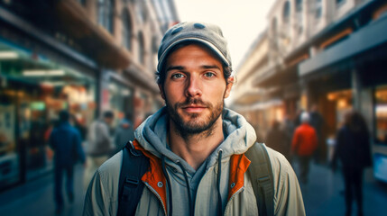 Portrait male tourist with backpack in the city. Man traveler in a hat front view.