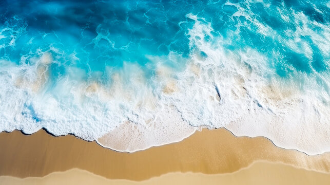 Top view of ocean waves washing ashore on a sandy beach. Blue water. Aerial Drone photo. © Vladyslav
