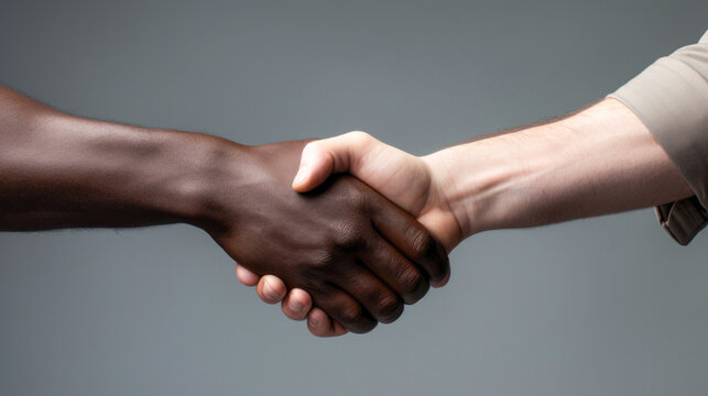 Handshake black and white hand. No racism caucasian human. Interracial concept on the gray background isolated